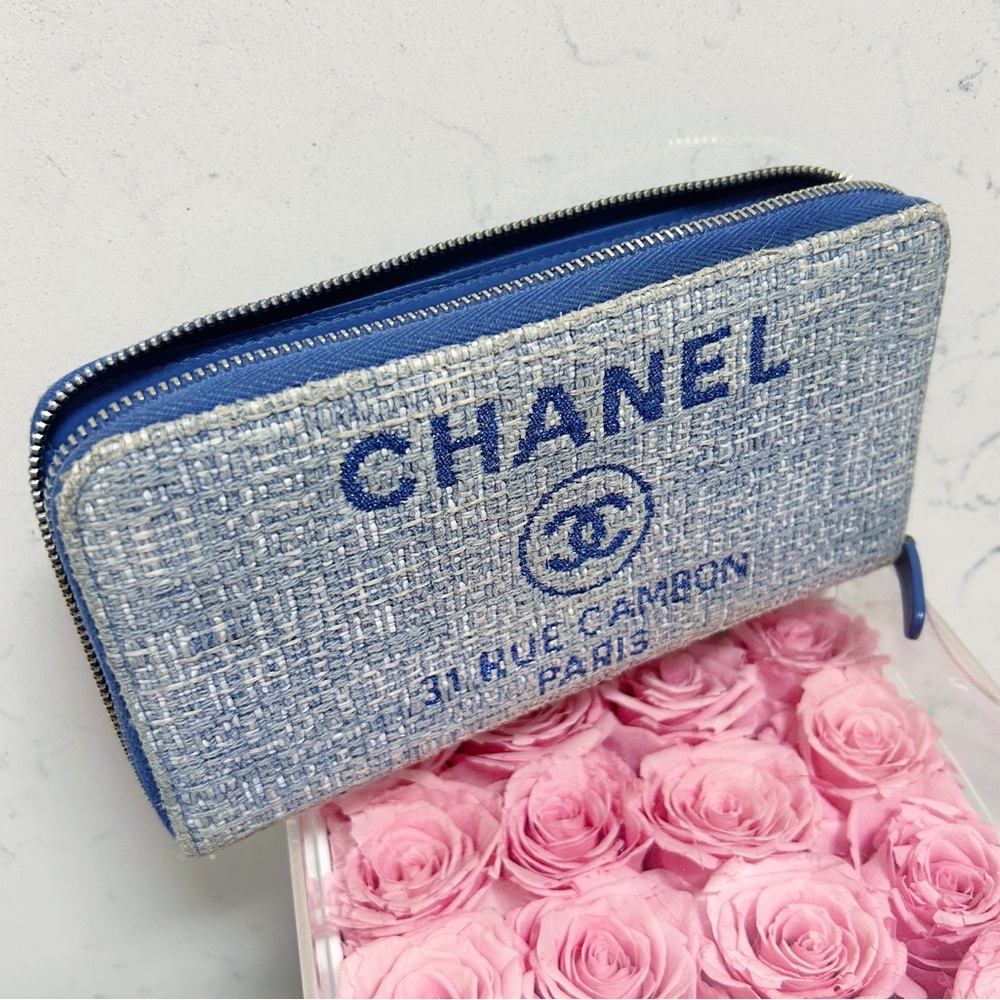 Authentic Chanel Light Blue Deauville Tweed Continental Wallet / Clutch